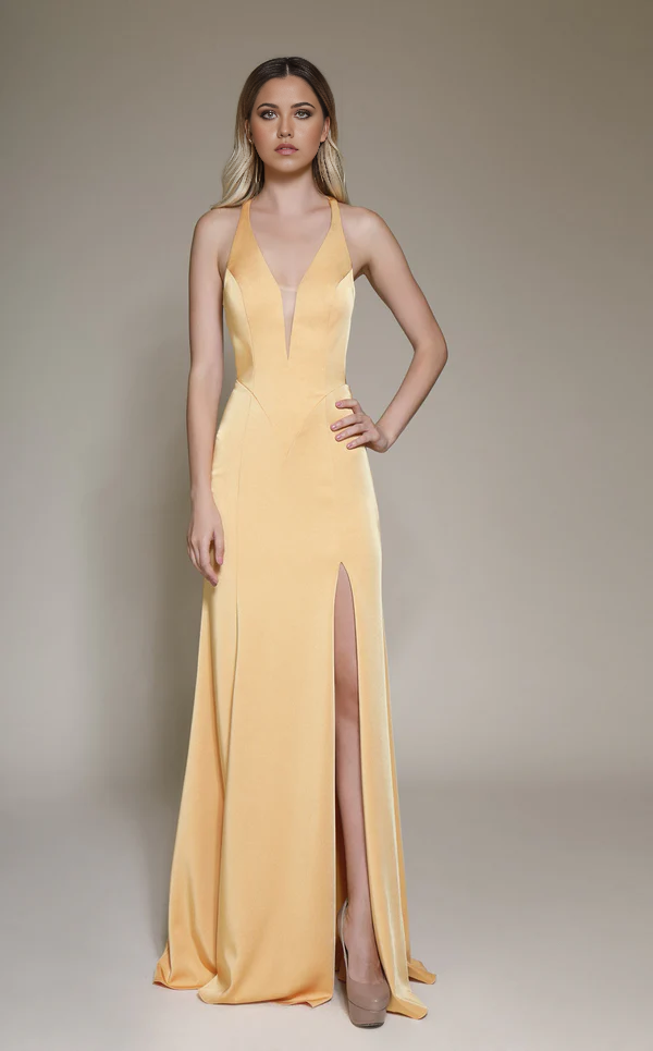 A-line deep V-neck satin and floor length Prom dress